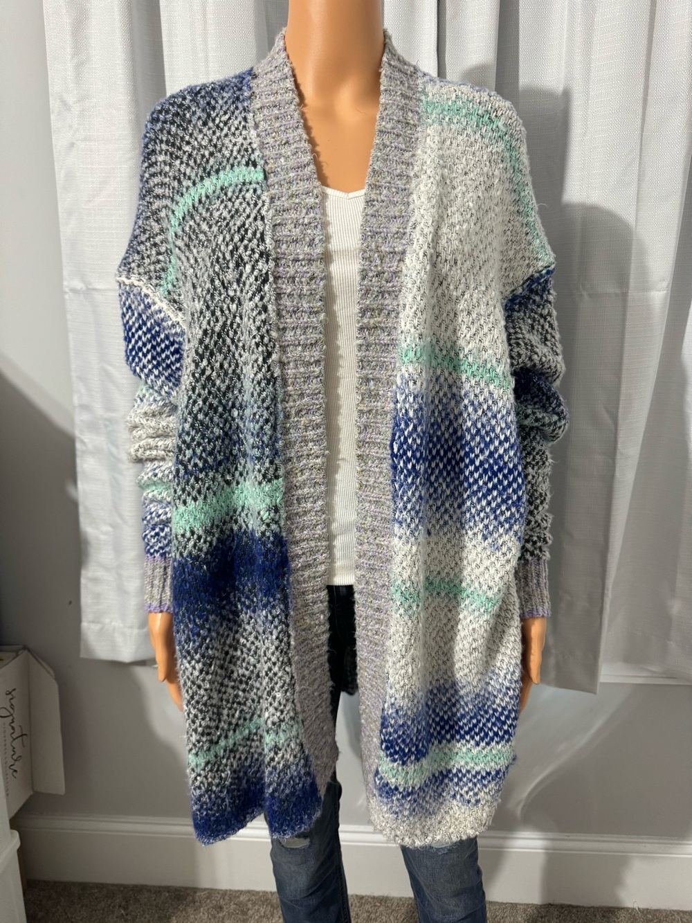 Cool Free People size S blue gray chunky open front relaxed midi cardigan